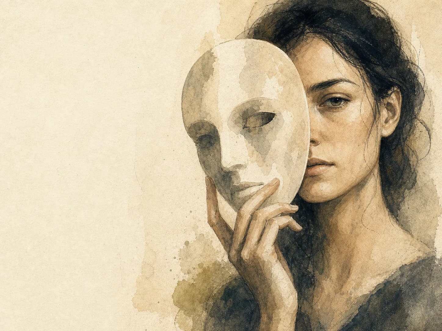 Painted portrait of a woman holding a mask beside her face, reflecting the gap between appearance and feeling.